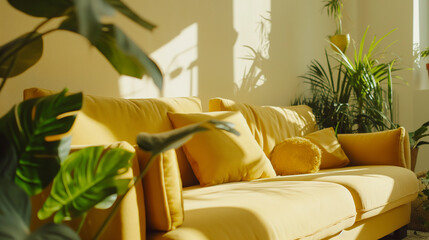Sofá amarelo com folhas verdes - wallpaper 
