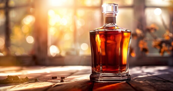 A beautiful glass bottle of liquor isolated. Noble glass bottle with a cubic and round shape in a product presentation style.