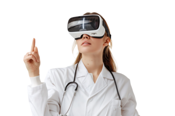 female doctor looking up and pointing with finger while using VR glasses on isolated transparent background