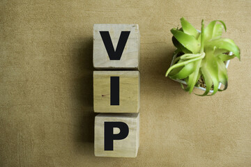 Concept of The wooden Cubes with the word VIP - Very Important Person on wooden background.