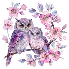 Watercolor beautiful two owls on the branch with pink flowers and purple leaves, Pink and Purple pastel tones.