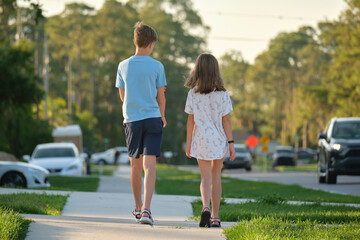 Rear view of two young teenage children, girl and boy, brother and sister walking together on rural street on bright sunny day. Vacation time concept