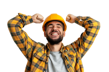 Young constructor man wearing uniform and security helmet with arms raised on isolated transparent background