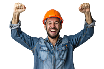 Young constructor man wearing uniform and security helmet with arms raised on isolated transparent background