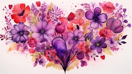 Vibrant watercolor floral arrangement illustration with heart shapes