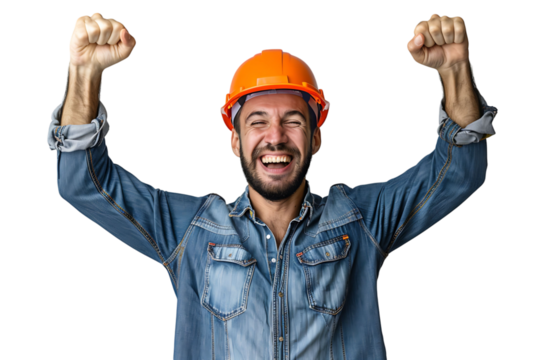 Young constructor man wearing uniform and security helmet with arms raised on isolated transparent background