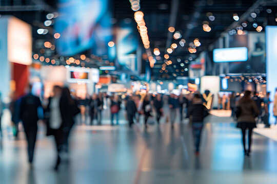 A blurry image of an expo of convention lobby busy with people walking around. 