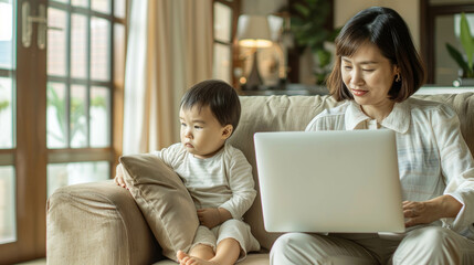 Asian Businesswoman Mom Working On Her Laptop In Her Home With Her Son