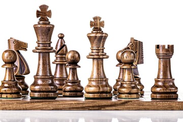 Chess pieces on chessboard on white background