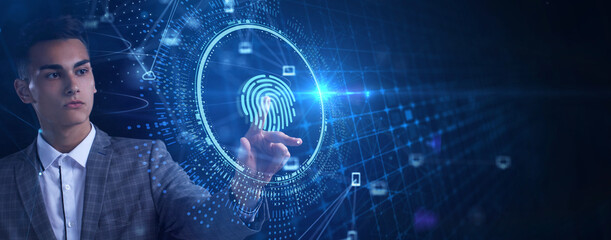 Fingerprint scan provides security.  Business, technology, internet and networking concept.