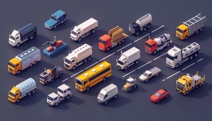 A beautiful isometric set of vehicles, showcasing the evolution of transportation, model isolated on solid background