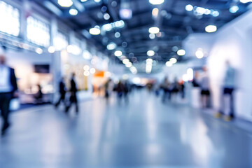 A blurry image of an expo of convention lobby busy with people walking around. 