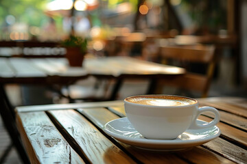 Cup of coffee on table on blurred cafe background with sunrays