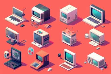 A futuristic isometric set of computers, depicting various generations of hardware innovation, model isolated on solid color background