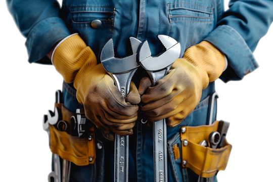 Portrait of a young mechanic holding a wrench on isolated transparent background