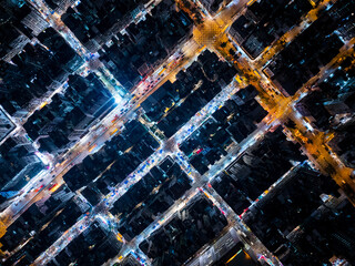Top down view of compact building block in Hong Kong city at night