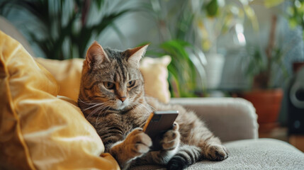 Fantasy concept pet and technology, cat using smartphone on the couch in living room cozy interior design