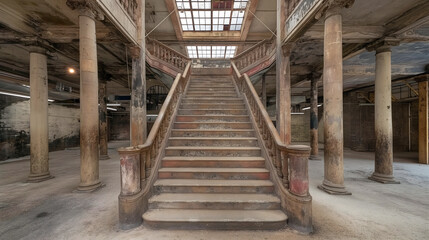 Obraz premium Weathered staircase in a derelict industrial building with vintage columns