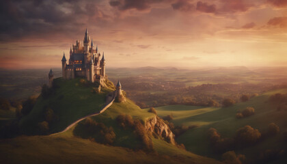 Obraz premium Fantasy castle on a hilltop 2 AI Generate