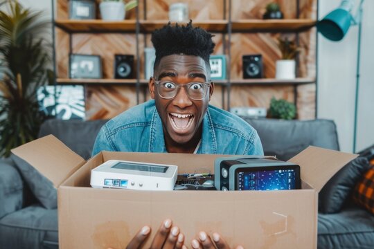 Excited Young Man Unboxing New Gadgets at Home