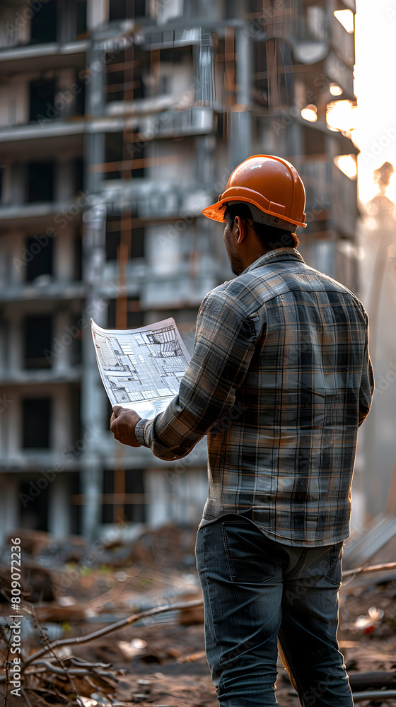 Poster photo realistic depiction of a site supervisor meticulously reviewing progress and ensuring efficien