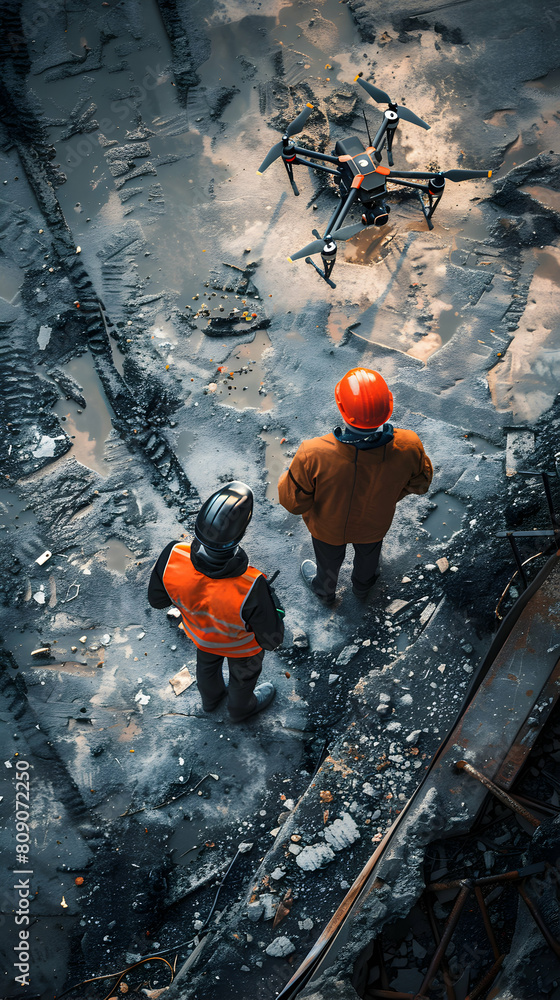Poster photo realistic drone technology concept: site surveyors using high-resolution data for land develop