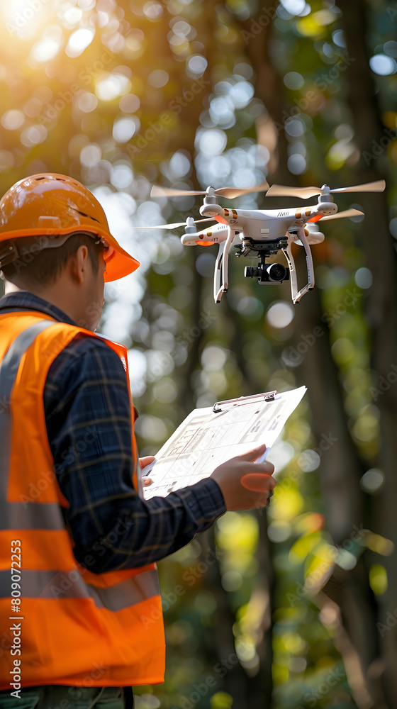 Poster high resolution photo realistic site surveyors using drone technology for land development assessmen