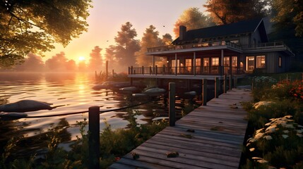 Wooden pier on the lake at sunrise. Panoramic view