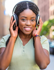 Beautiful smiling young black girl, wearing headphones and a green t-shirt, listens to music on the street in a modern American or European city. Vertical image.