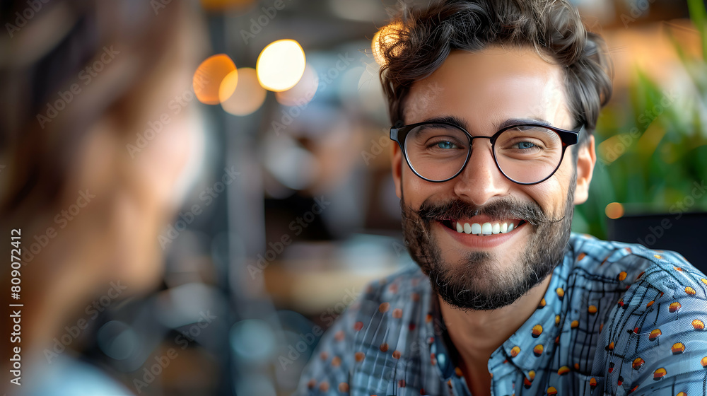 Poster enhancing customer satisfaction: photo realistic image of smiling customer interacting with support 