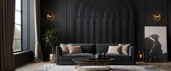 Modern cozy living room interior in black tones, living room mock up, arch pattern wall background