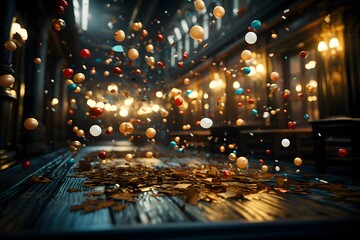 Falling confetti in the interior of a restaurant. 3d rendering
