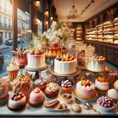 Naklejka premium Exquisite french patisserie Showcasing Delectable Desserts in Window Display Pastry Shop.