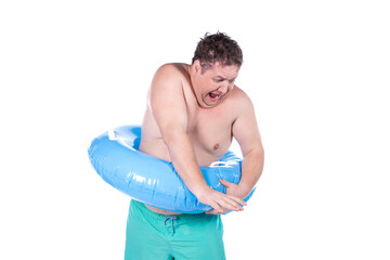 Vacations and holidays at sea. Funny fat man with an inflatable ring. White background.