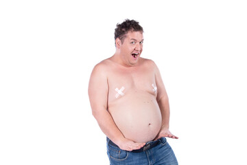 Vulgar fat man posing on a white background.