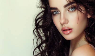 Fototapeta premium girl Portrait of beauty model with natural face make up., skincare and wellness. Close up, white background. Beautiful young sweet lady face on white. smooth and clean perfect skin