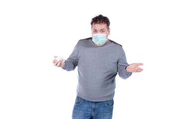 Colds and health problems. Funny fat man. White background.