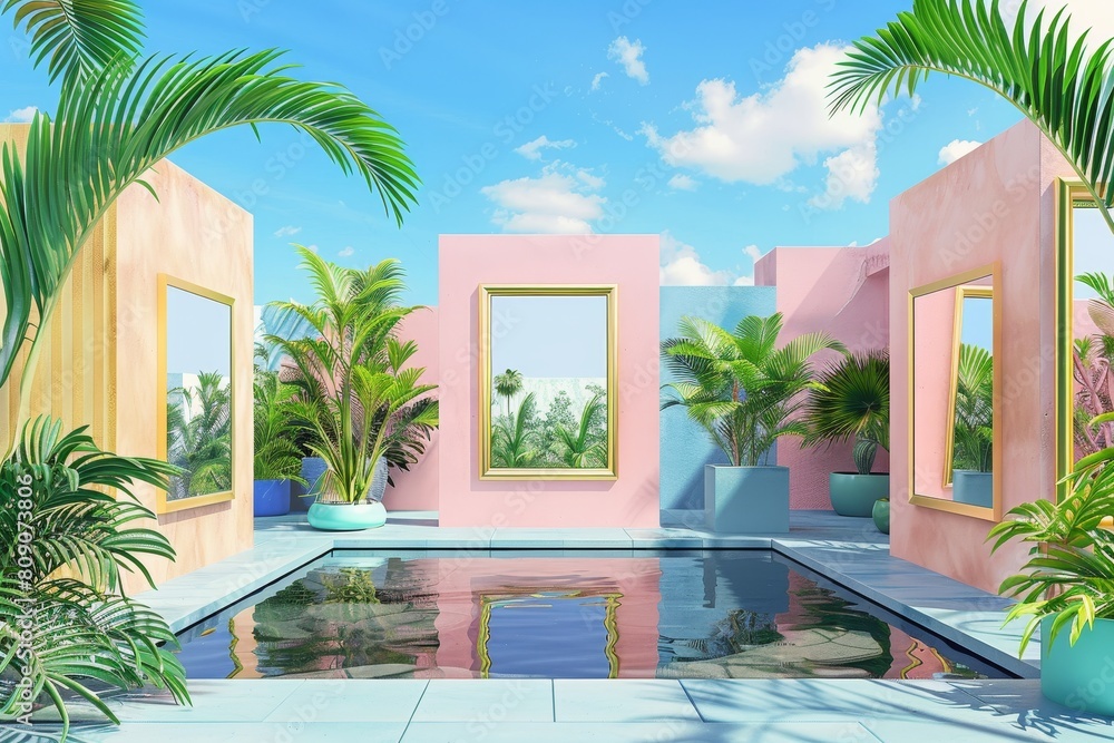 Poster a colorful building with a pool and palm trees in front of it