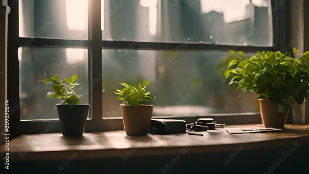Poster window sill overflowing with potted plants next to window generative ai