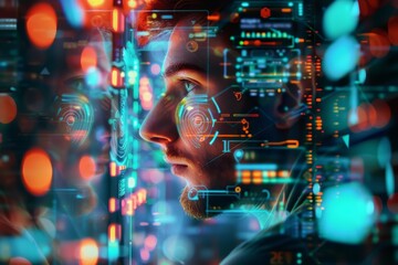 Closeup half body of a web developer with Glow HUD big Icon of coding