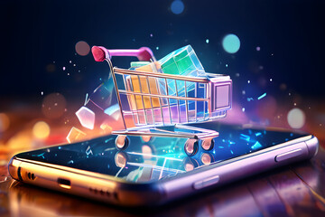 Shopping trolley cart on a mobile smartphone Online e-commerce store internet digital sale technology concept abstract shiny backdrop
