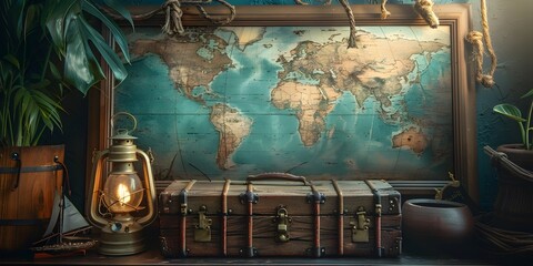 Vintage Travel Themed Escape Room with Antique Globe Suitcase and Lantern