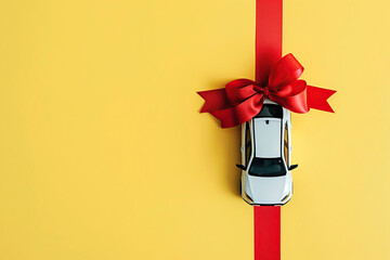 White model car with red ribbon bow on a yellow background. Car as gift, surprise. Present concept. Close up full length size of toy car isolated on color backdrop, copyspace. Rental, auto dealership