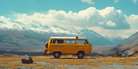 Adventurous Van Life Journey Through Scenic Mountain Landscapes with Boundless Horizons and Freedom of the Open Road