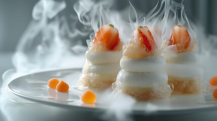 Elegant molecular cuisine dessert with strawberries and effervescent foam