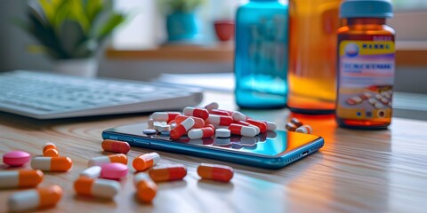 Medication and healthcare management app with daily tips and reminders on office desk with laptop and pills