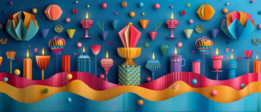 Creative and colourful paper art of a traditional Hanukkah celebration, illustrated in solid colors, perfect as a festive banner template