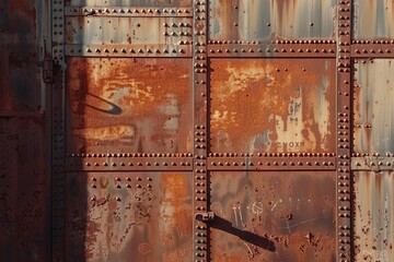 A rusted and weathered roof with a mix of red and blue colors