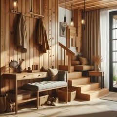 Interior stylish modern wooden entrance hallway decor with cozy wooden tone, contemporary home with furniture desk, stand and shoe bench.
