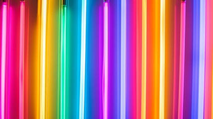 neon color stick rainbow layout made of neon tubes. Computer digital drawing. Flat lay neon colors.